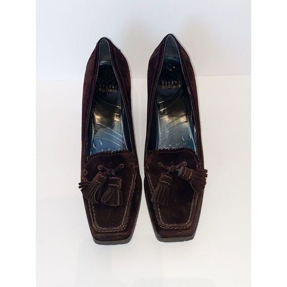 Stuart Weitzman Wedge Loafer Heel Suede Tassel Size 7 Classic Brown Y2K Retro - Picture 2 of 16